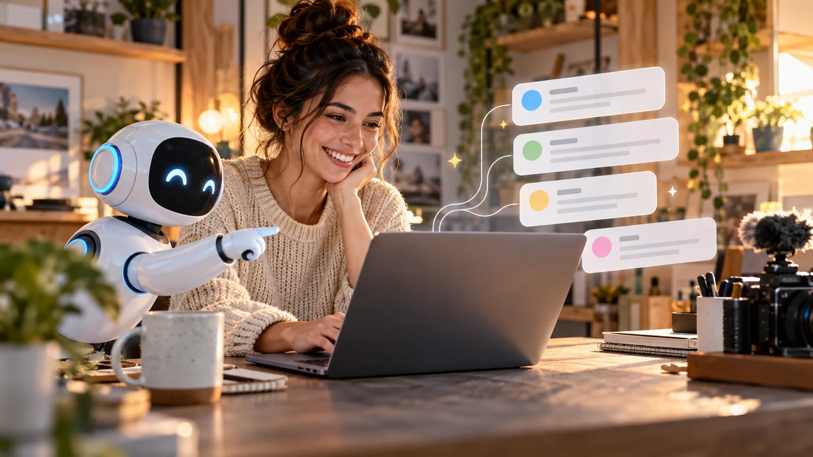 Smiling creator streamlines replies with AI — original editorial photograph