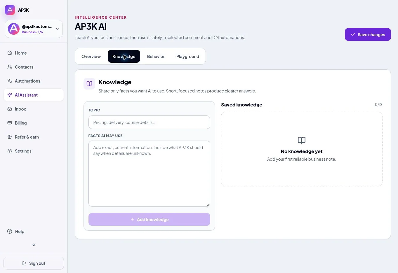 Add reliable facts under Topic and Facts AI may use.