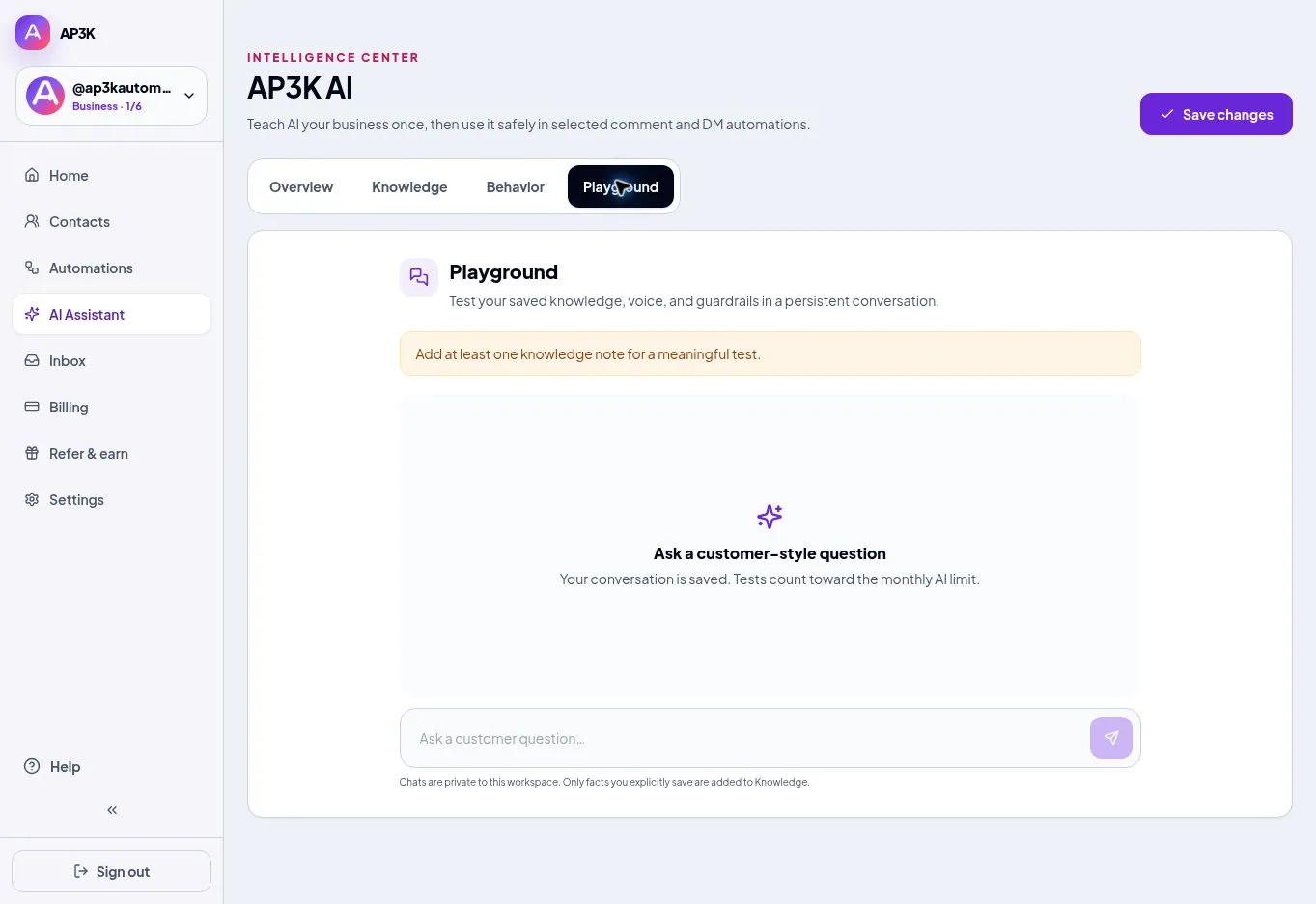 Test saved business knowledge, voice and guardrails before using AI in live conversations.