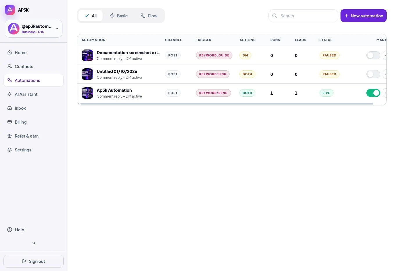 Filter All, Basic or Flow automations and review triggers, successful runs and live status.