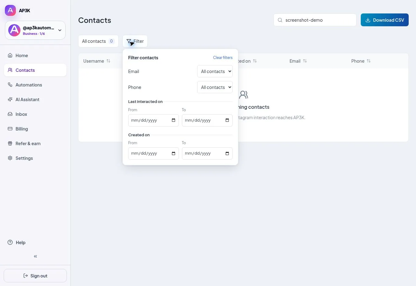 Contacts filters and CSV export. An empty search hides contact details in this example.