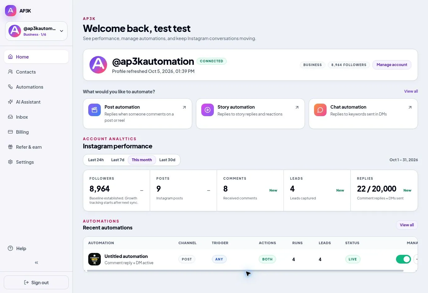 The @ap3kautomation dashboard with post, Story and chat automation shortcuts.