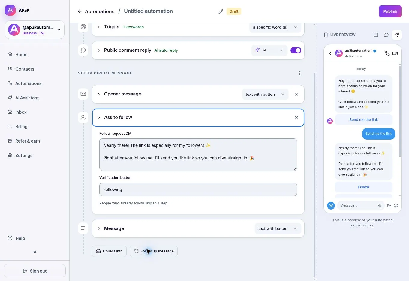 Review the follow request before the final DM.