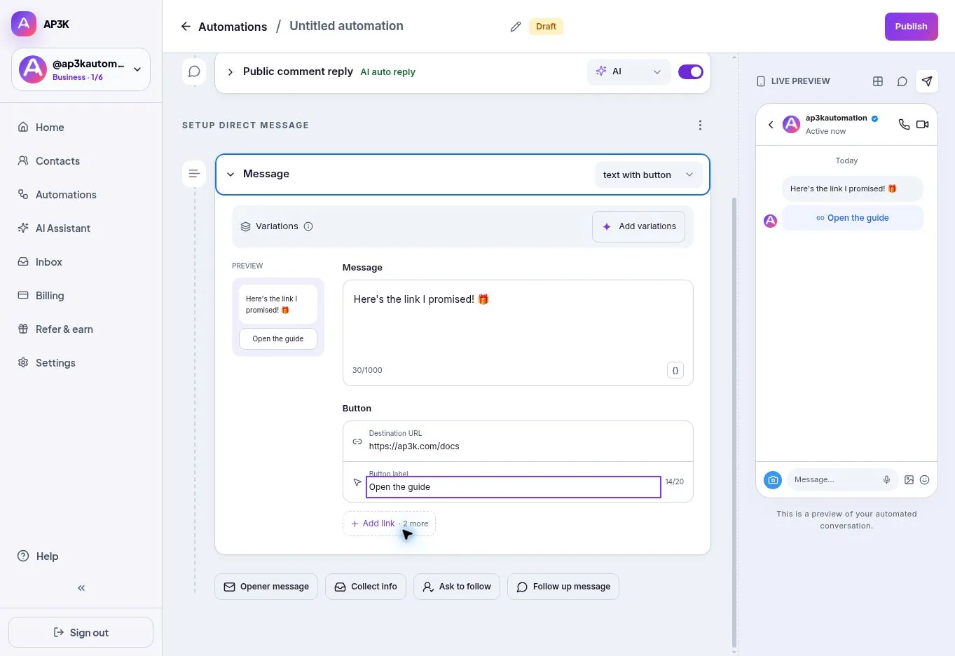 AP3K DM message and link settings — actual product screenshot