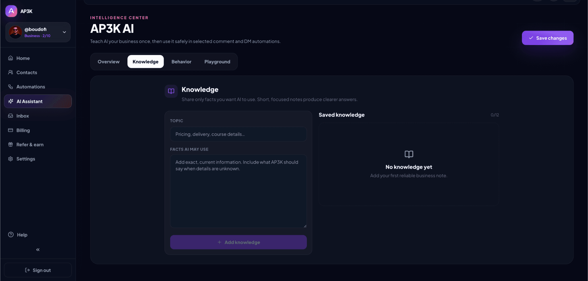 Add a Topic and Facts AI may use. Saved notes appear in the panel beside the form.