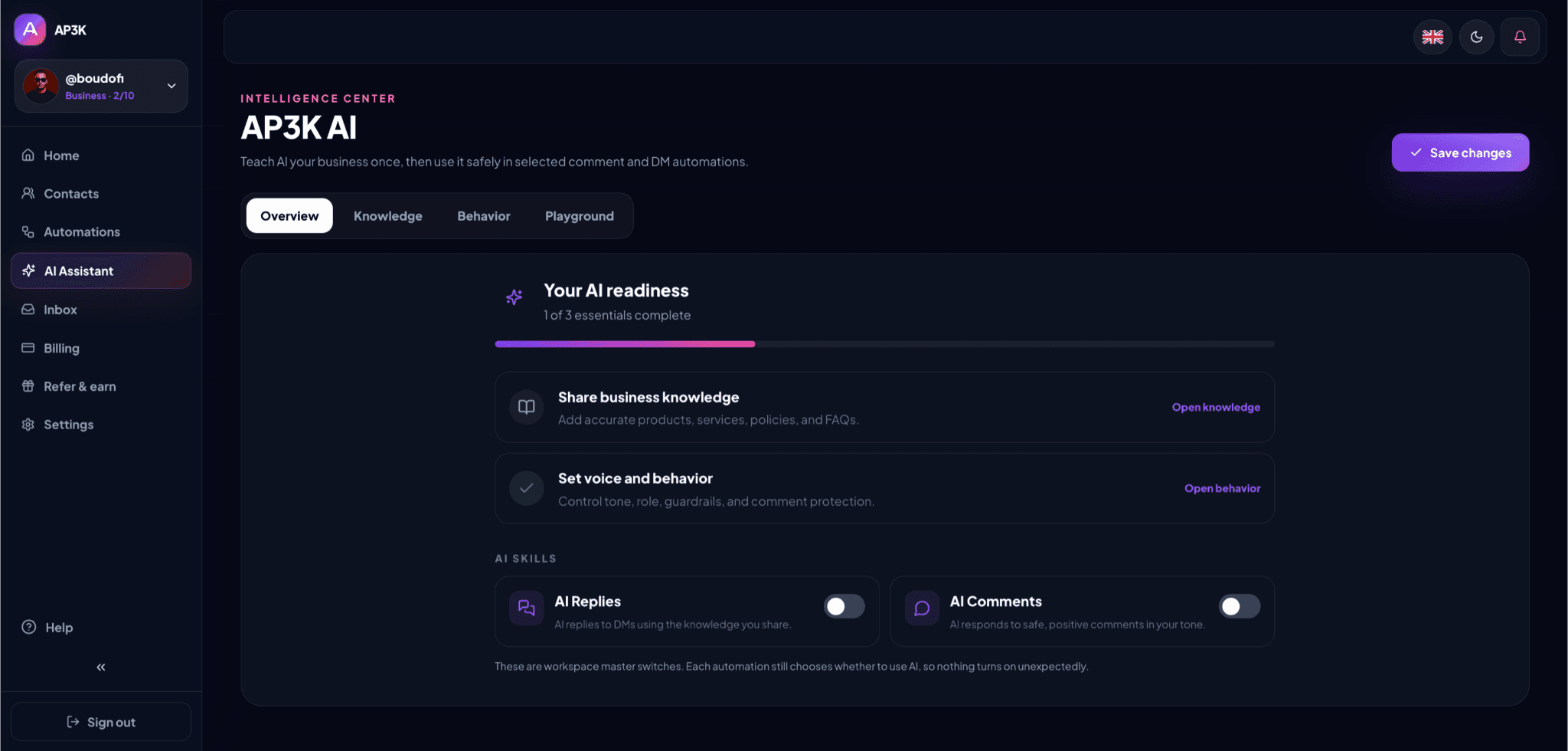 Overview separates business knowledge, voice and behavior, and the AI Replies and AI Comments master switches.