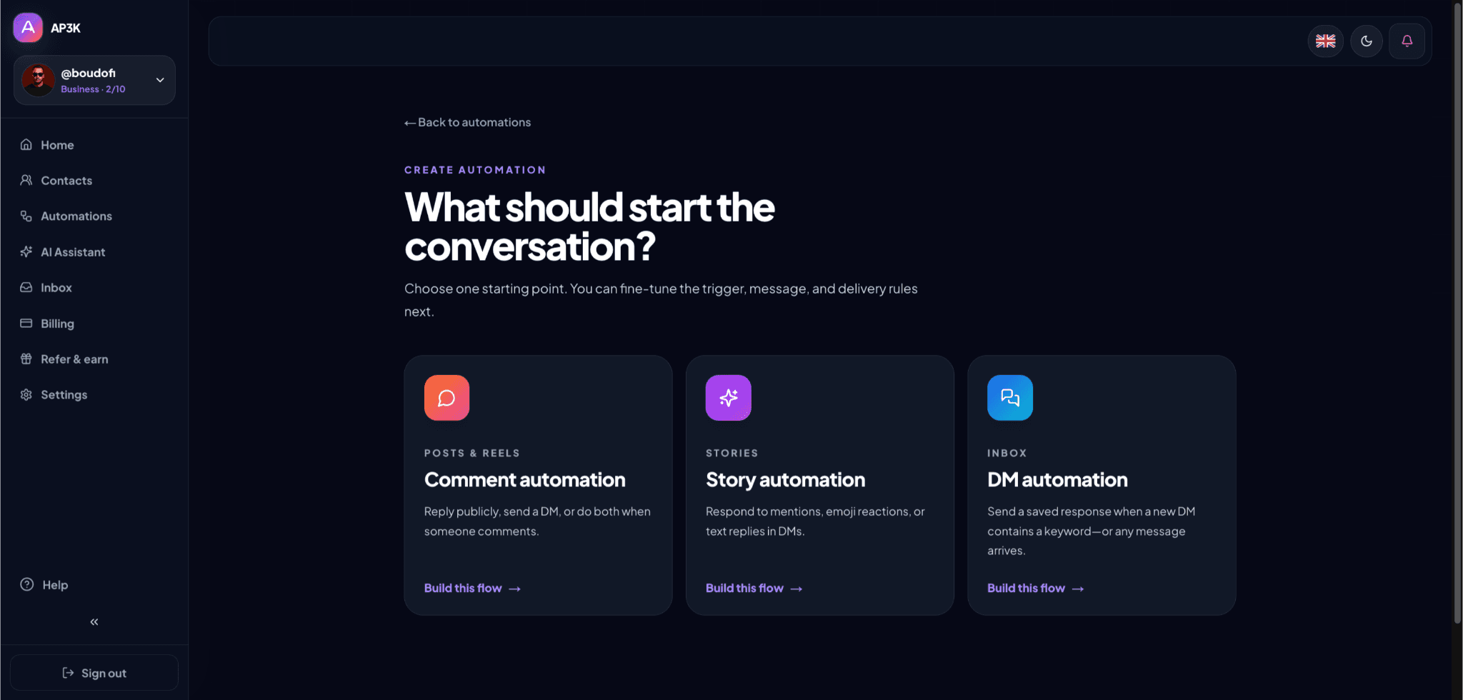Choose Comment automation, Story automation, or DM automation according to where the interaction starts.