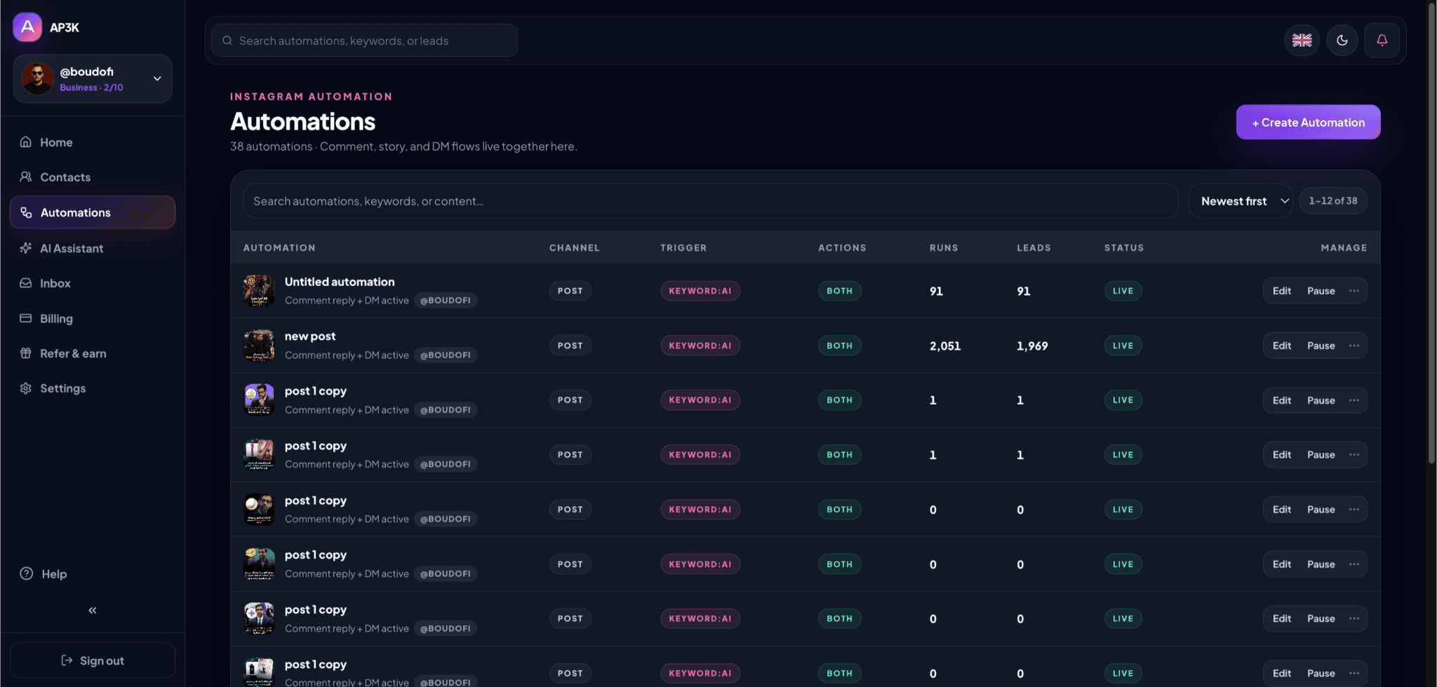 The automation list shows each flow's channel, trigger, actions, runs, leads, and Live or Paused status.