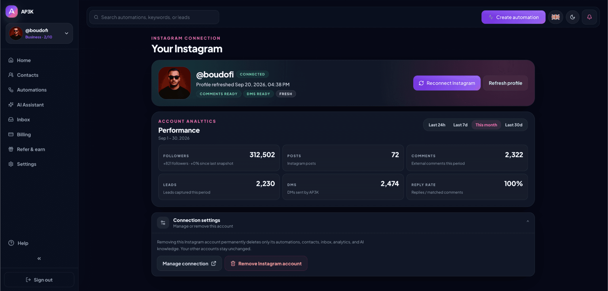 Your Instagram combines connection readiness, Reconnect Instagram, Refresh profile, performance, and connection settings.