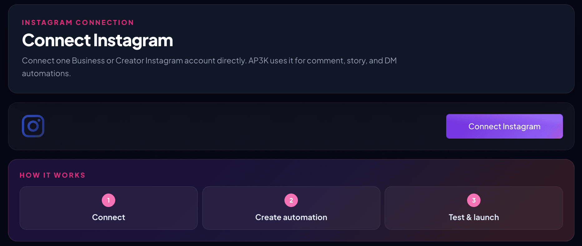 Before a profile is connected, the connection page shows the Connect Instagram button.