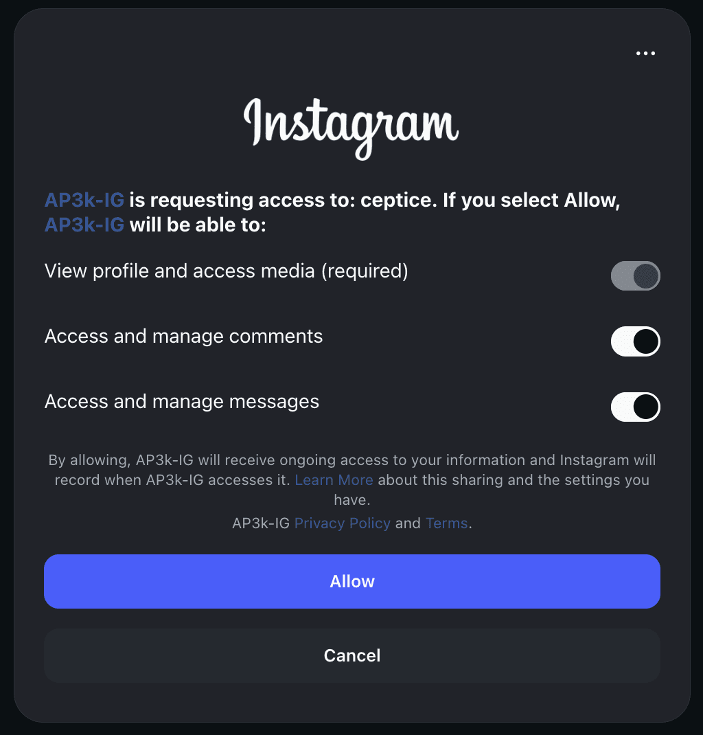 Instagram's authorization screen lists profile and media, comments, and messages access, followed by Allow and Cancel.