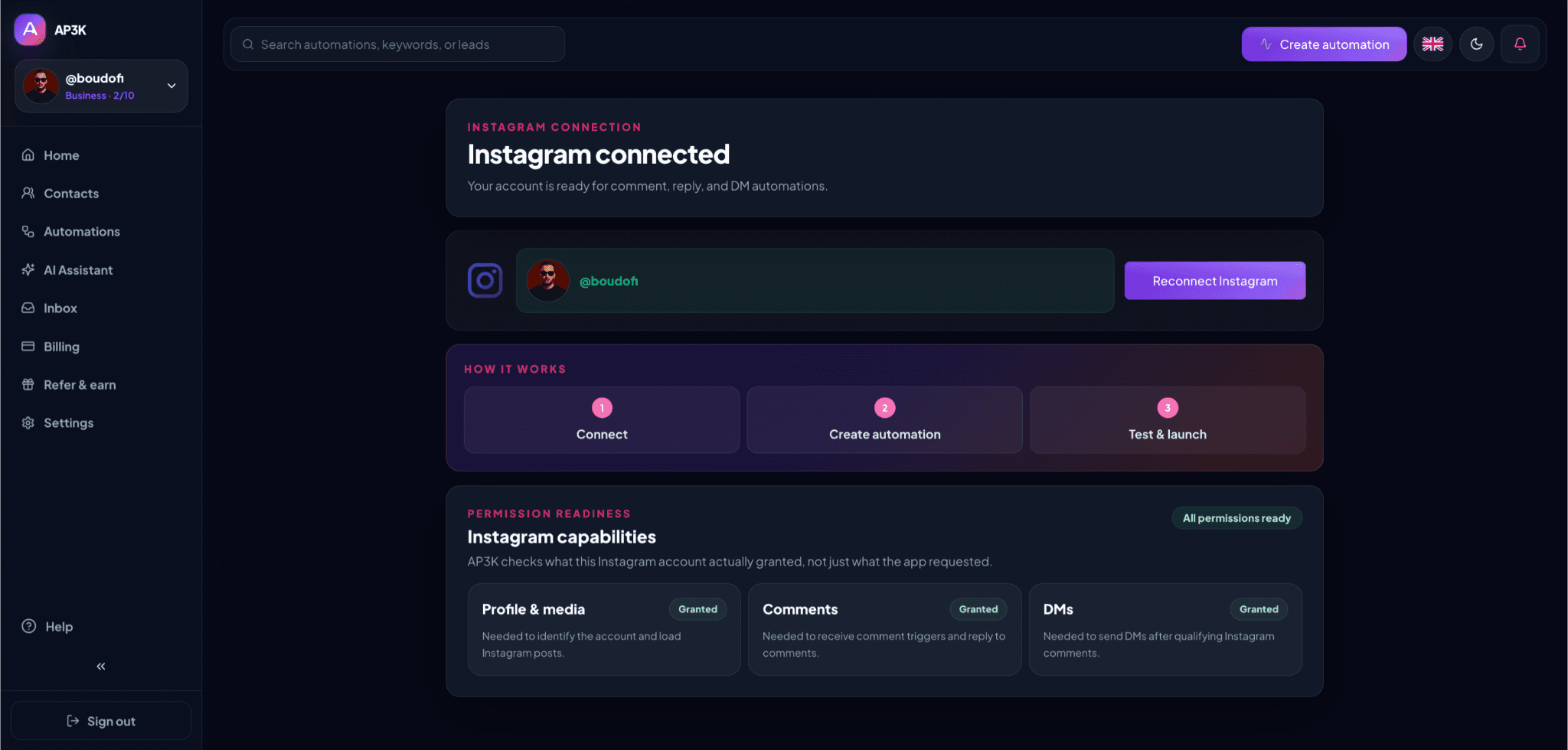 After authorization, AP3K shows Instagram connected and a separate Granted status for Profile & media, Comments, and DMs.