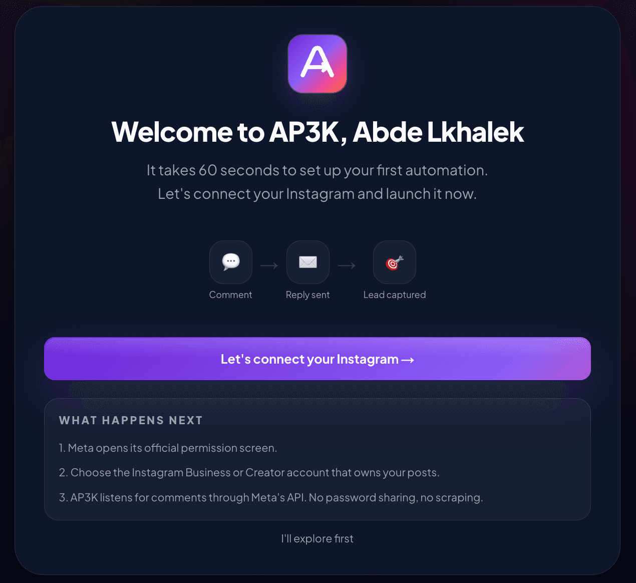 The welcome screen offers Let's connect your Instagram and an option to explore first.