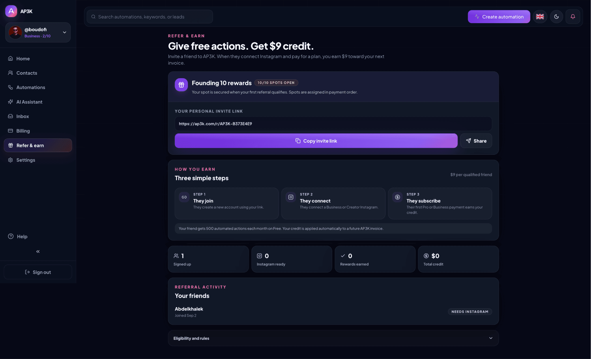 Refer & earn shows your personal invite link, qualification steps, reward totals, and referral activity.