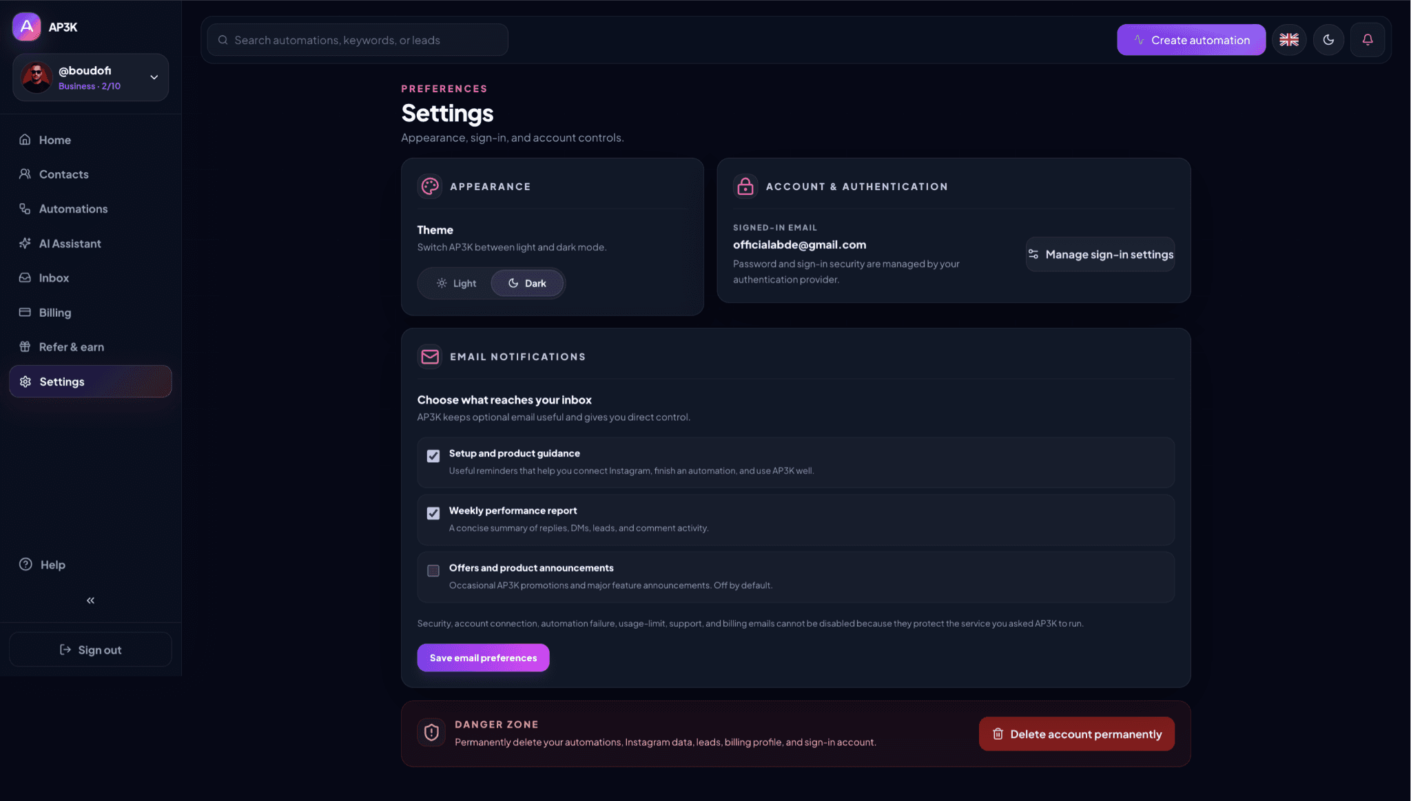 Settings groups theme, sign-in management, optional email preferences, and permanent account deletion.