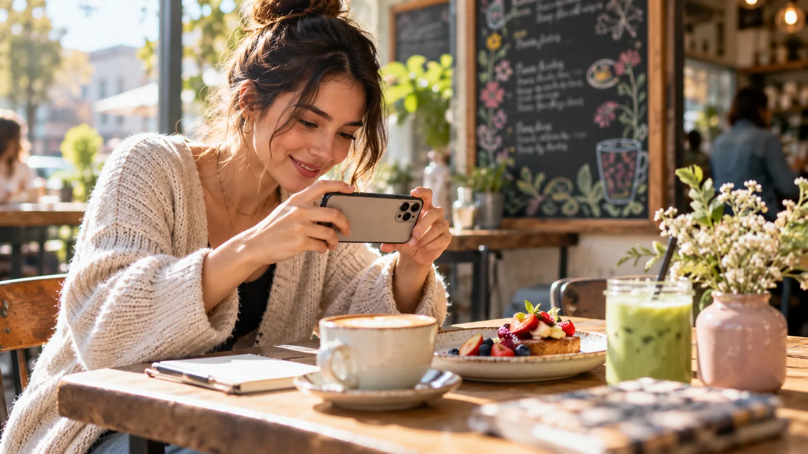Young creator photographs a cafe story poll — original editorial photograph