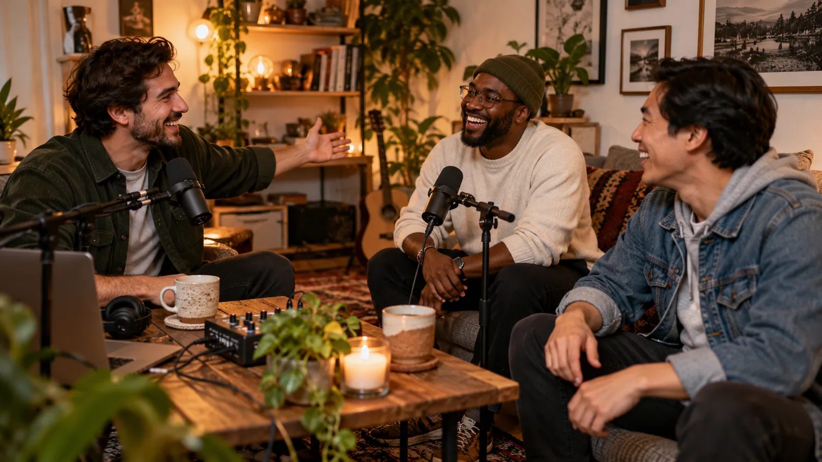 Friends Laughing in a Cozy Podcast Nook — original editorial photograph