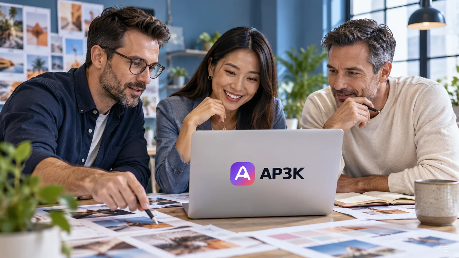 Three agency colleagues reviewing a content plan beside an AP3K-branded laptop