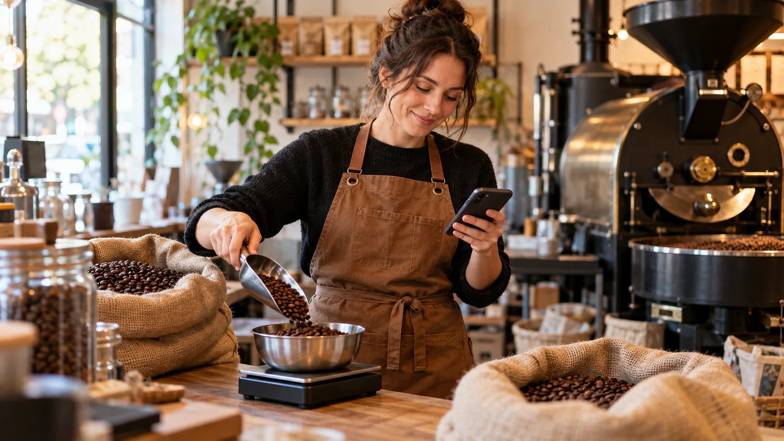 Roastery owner texting while weighing beans — original editorial photograph