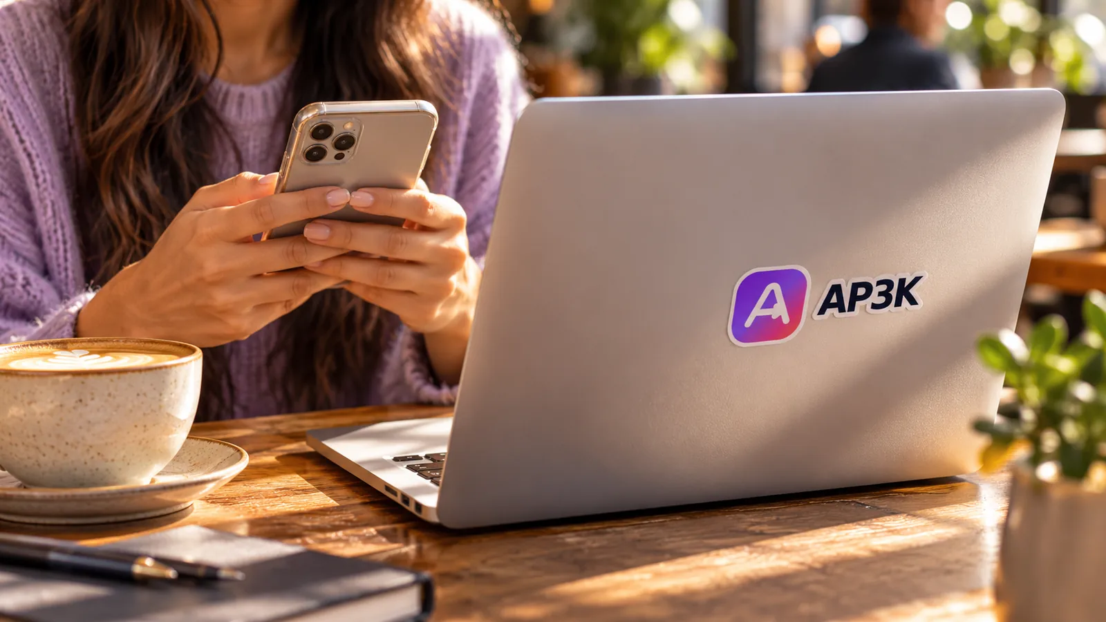 Creator holding a phone beside an AP3K-branded laptop at a cafe table