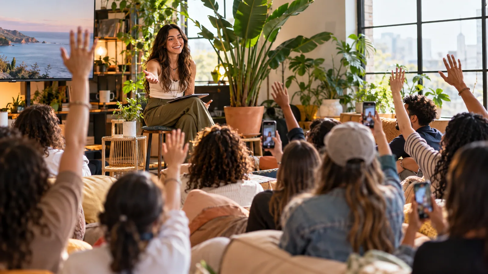 Community workshop with phones raised — original editorial photograph