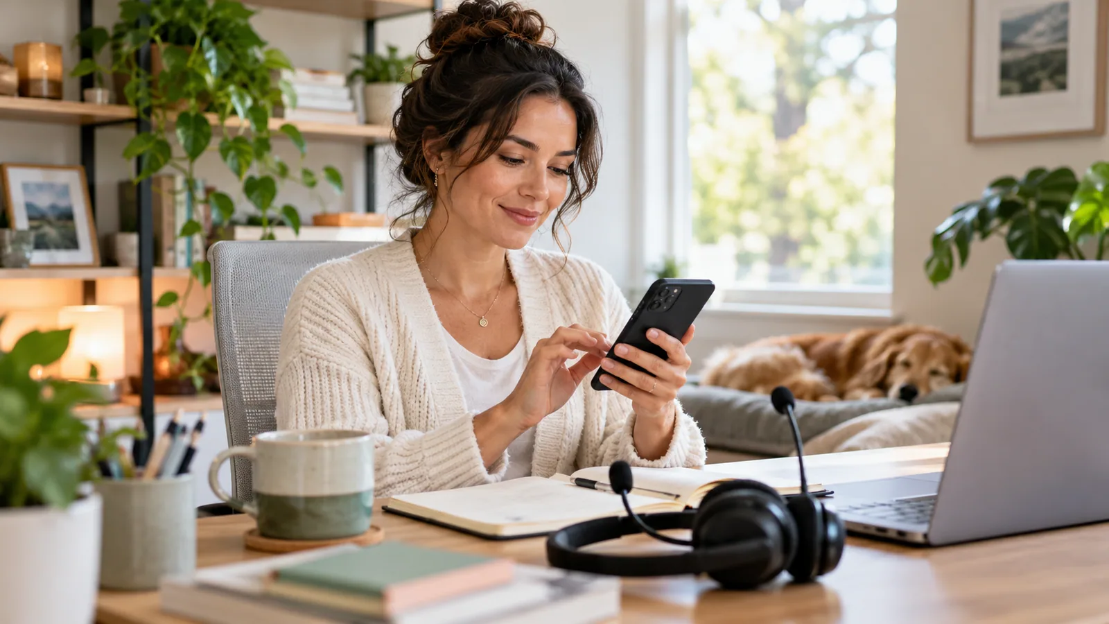 Calm home office support between calls — original editorial photograph