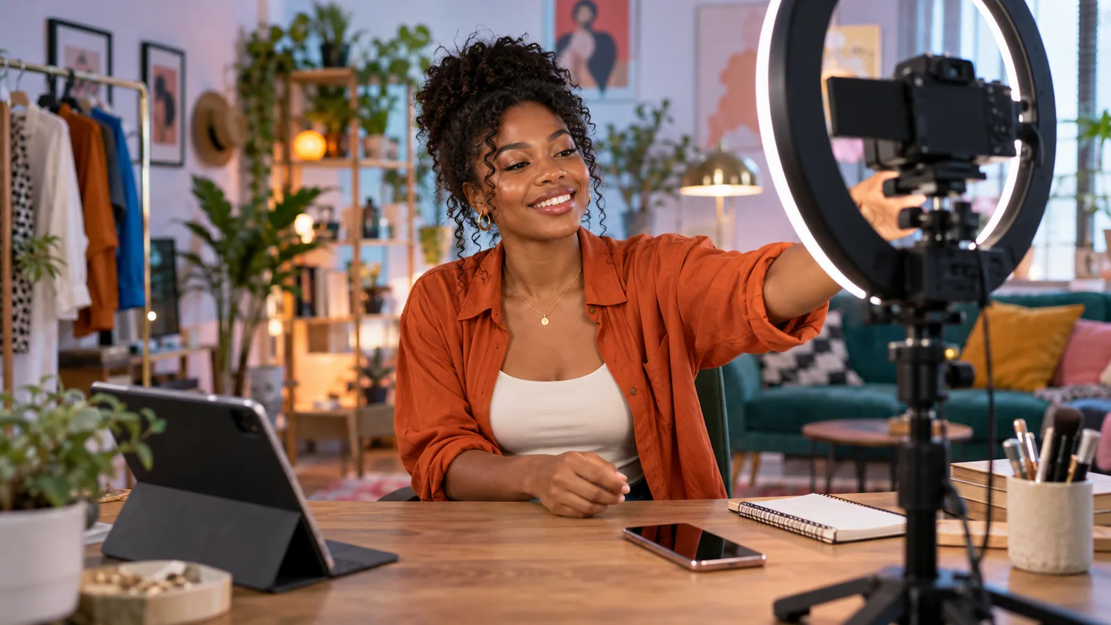 Creator tests camera and ring light — original editorial photograph