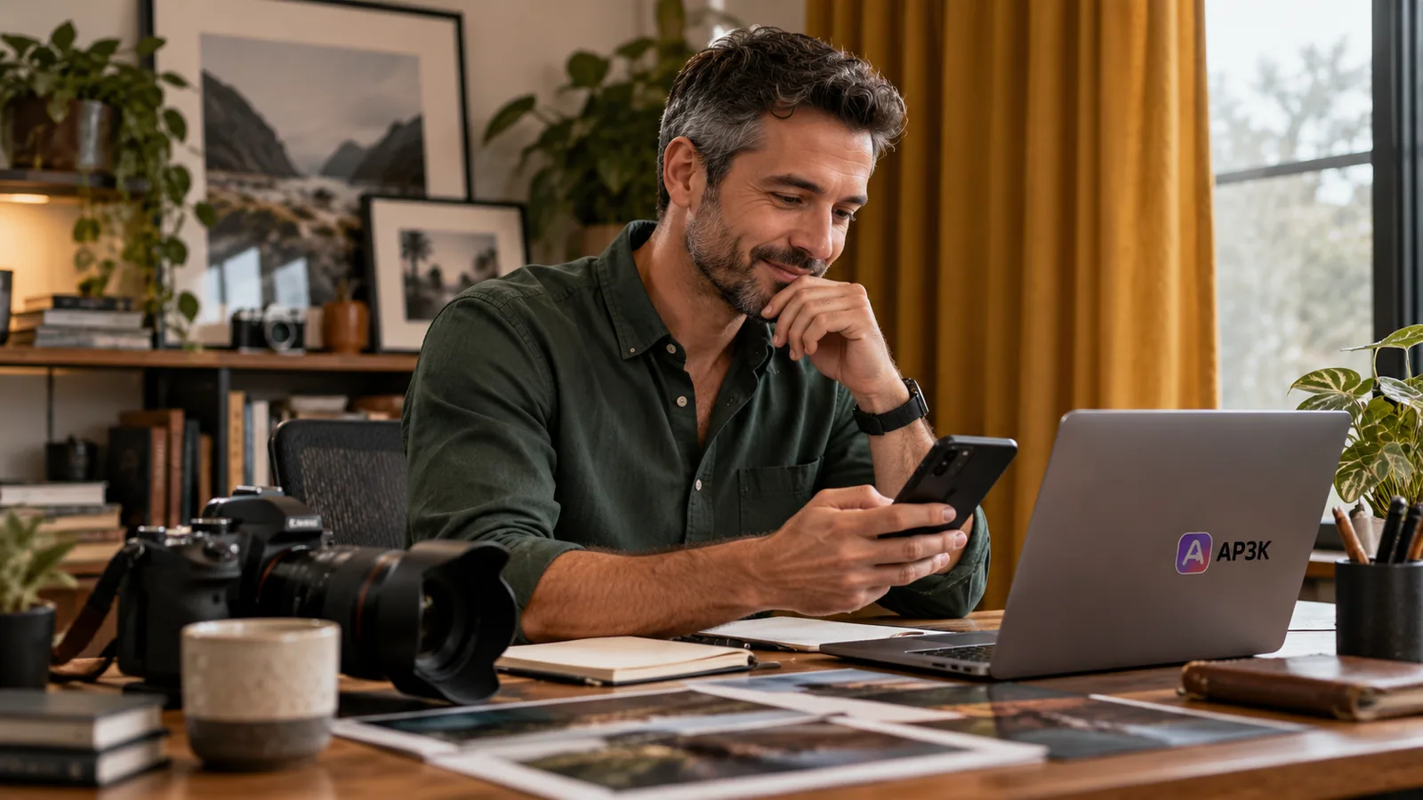 Photographer streamlines Instagram inquiries at his desk — original editorial photograph
