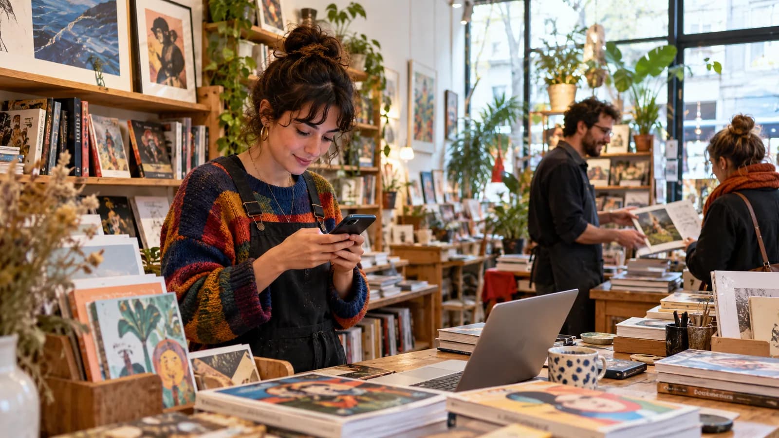 Community manager answers questions in art-book shop — original editorial photograph