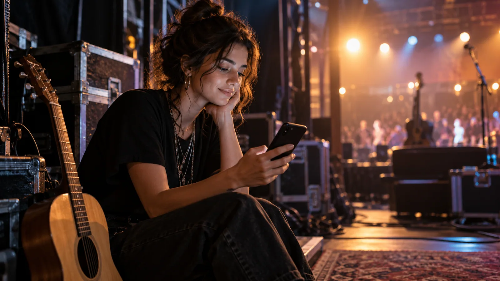 Backstage musician tracking a growing audience — original editorial photograph