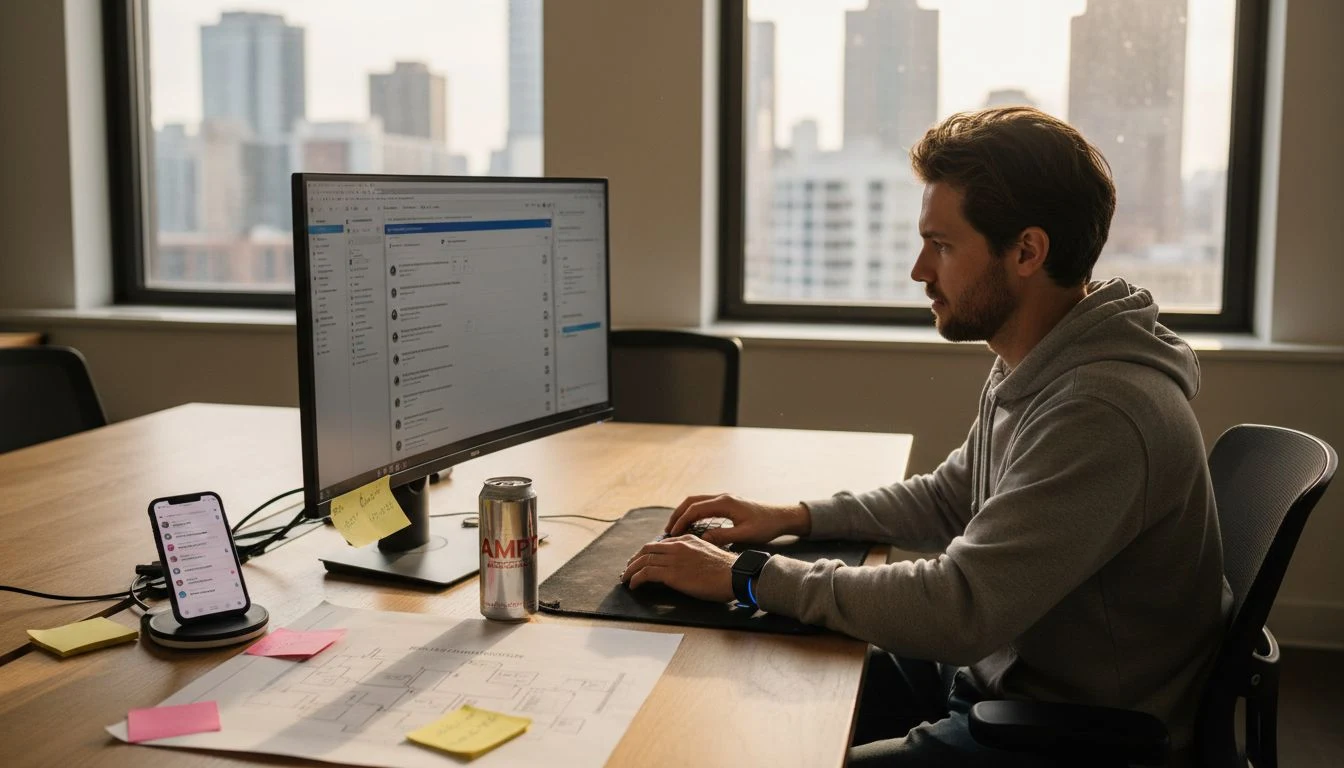 Social media manager running DM automation in office