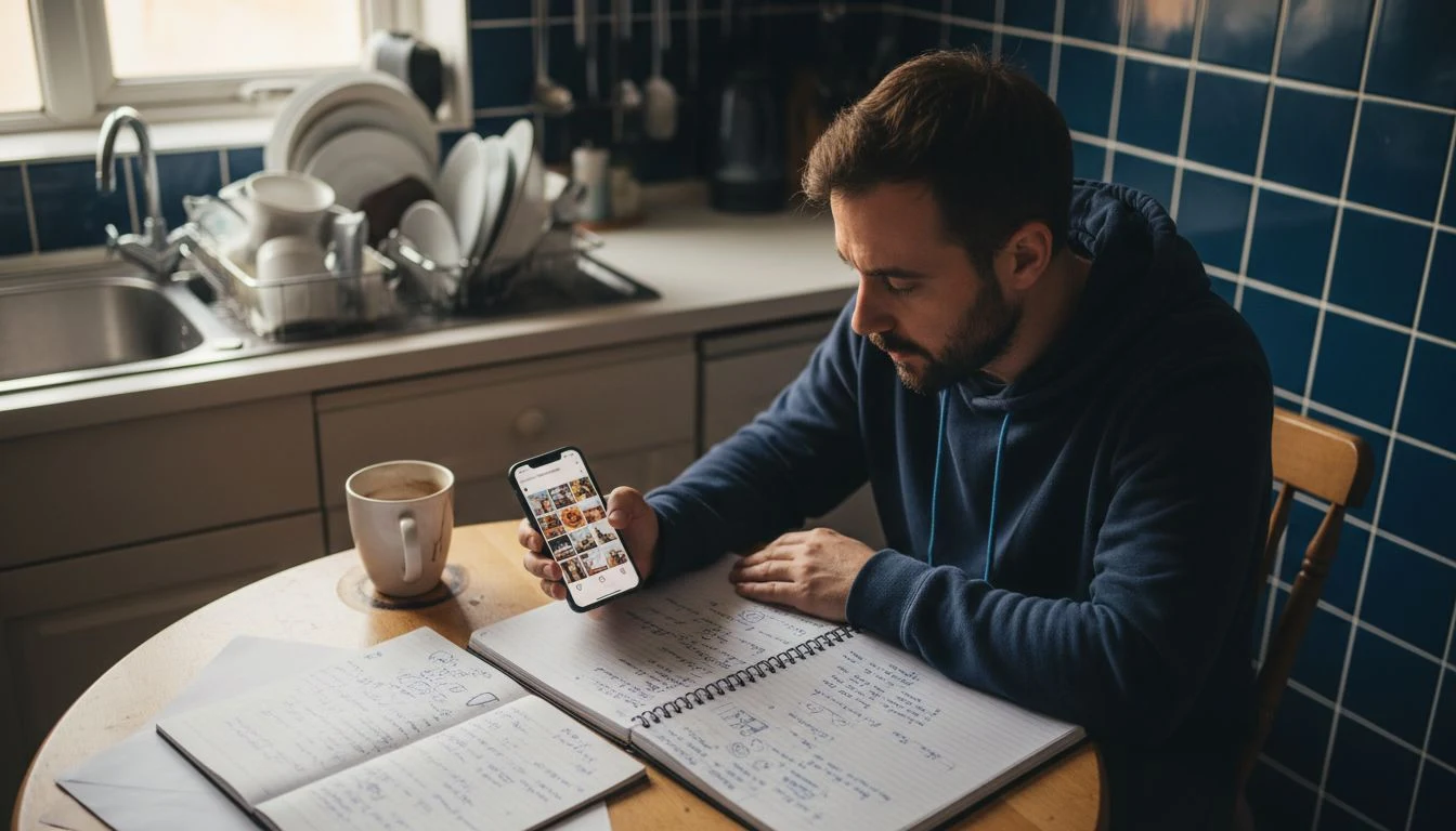 Influencer planning Instagram content at kitchen table