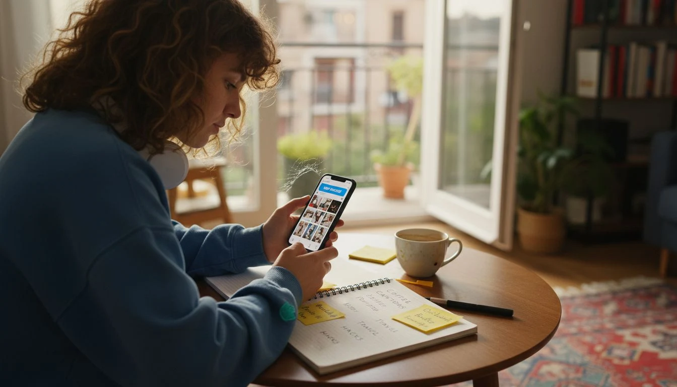 Content creator planning Instagram posts at home