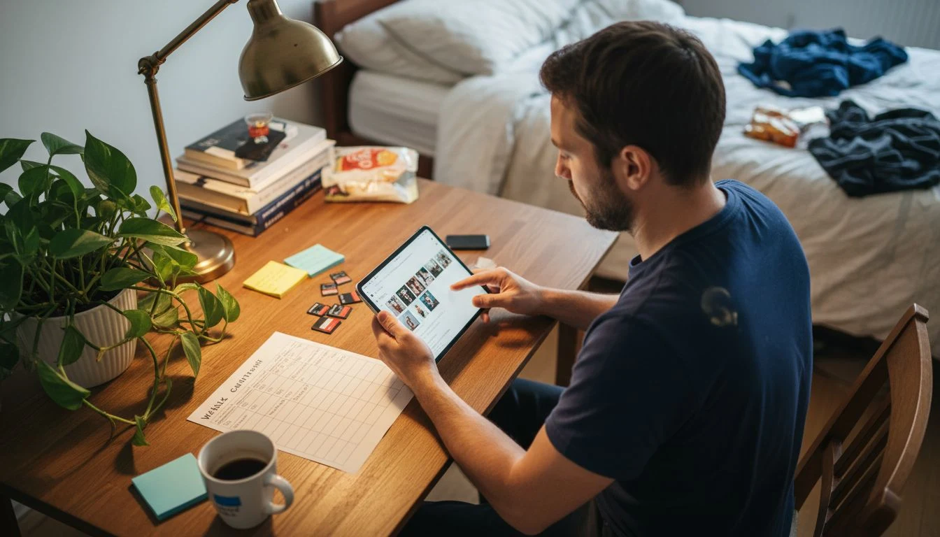 Man planning Instagram content at desk