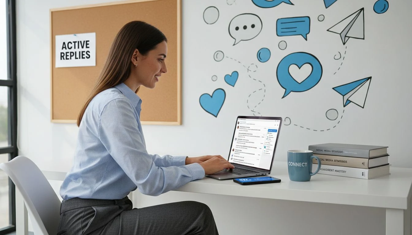 Marketer replying to Instagram comments in office