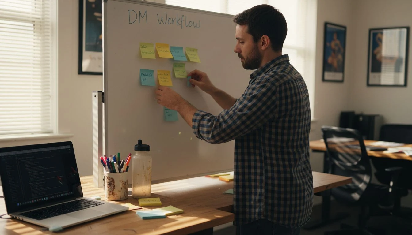 Man building DM workflow with sticky notes