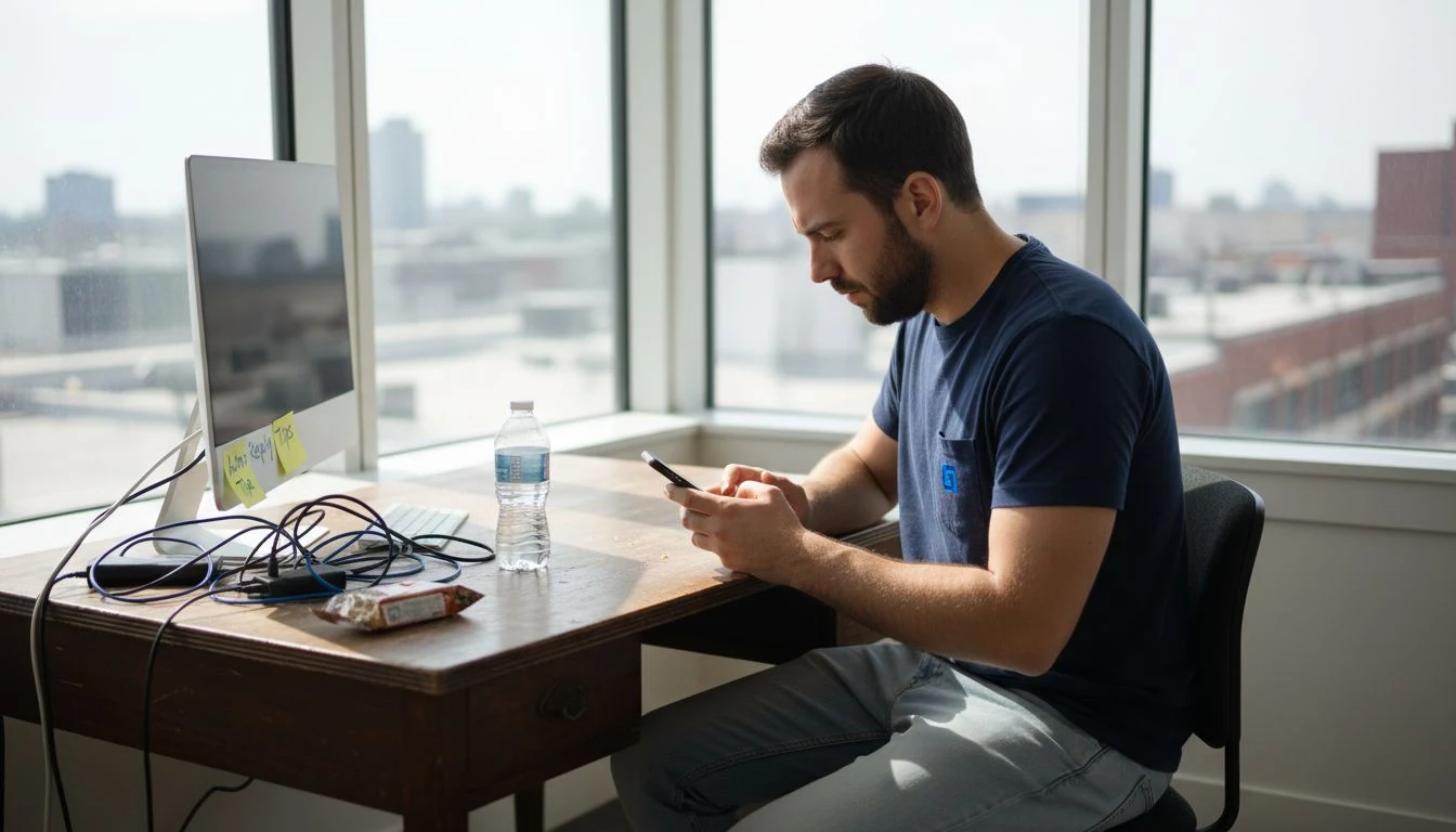 Manager replying to Instagram DMs in office
