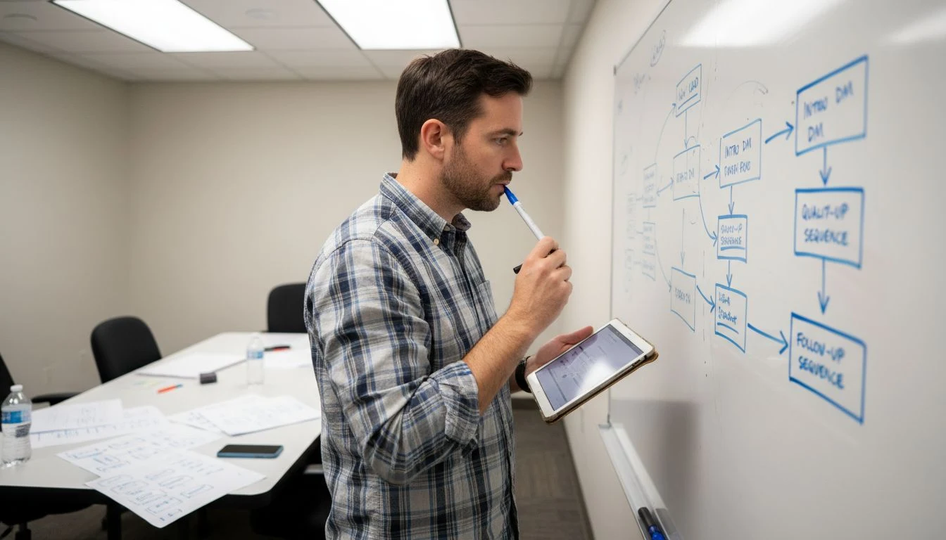 Consultant planning DM automation on whiteboard