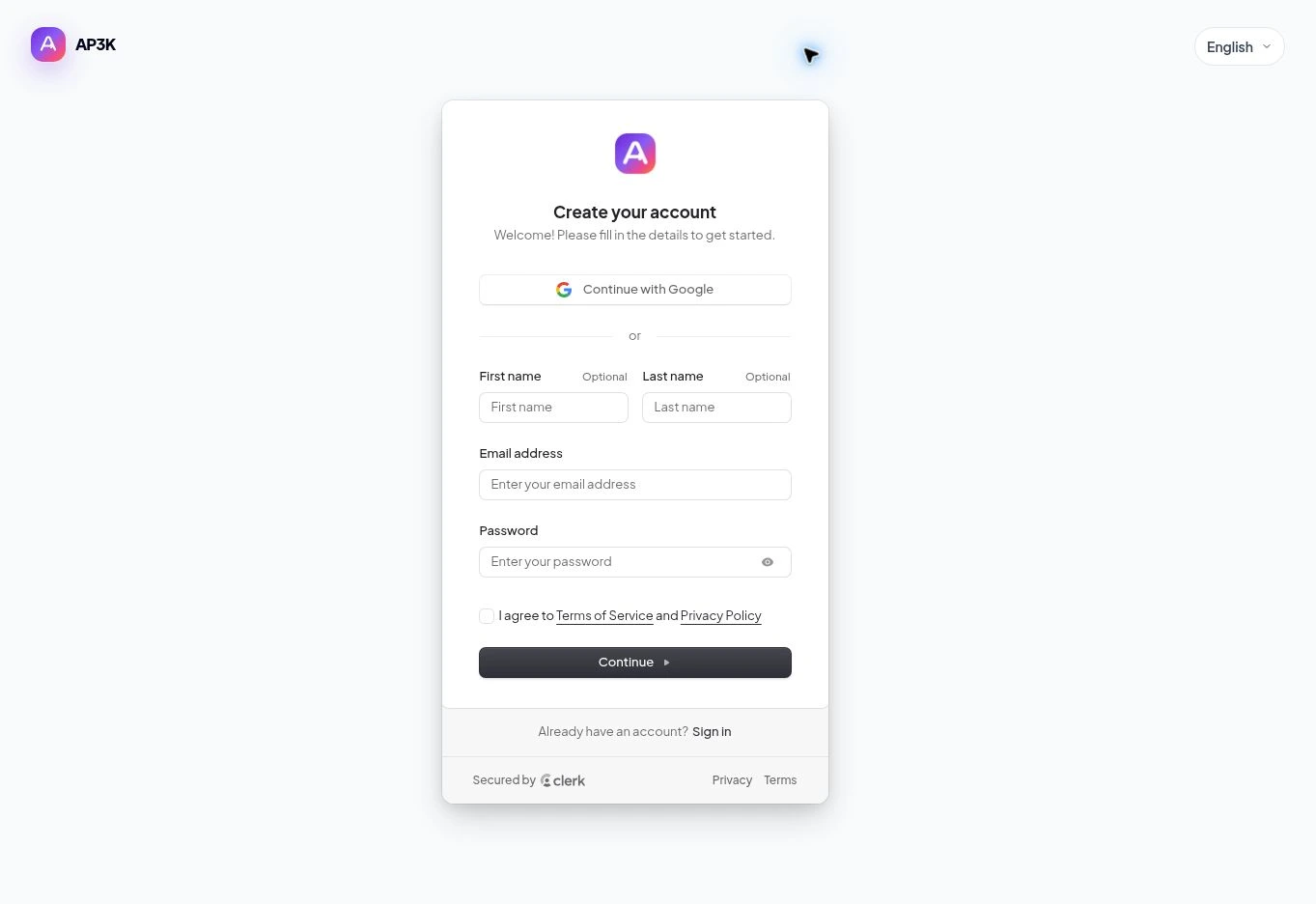 AP3K account signup — actual product screenshot