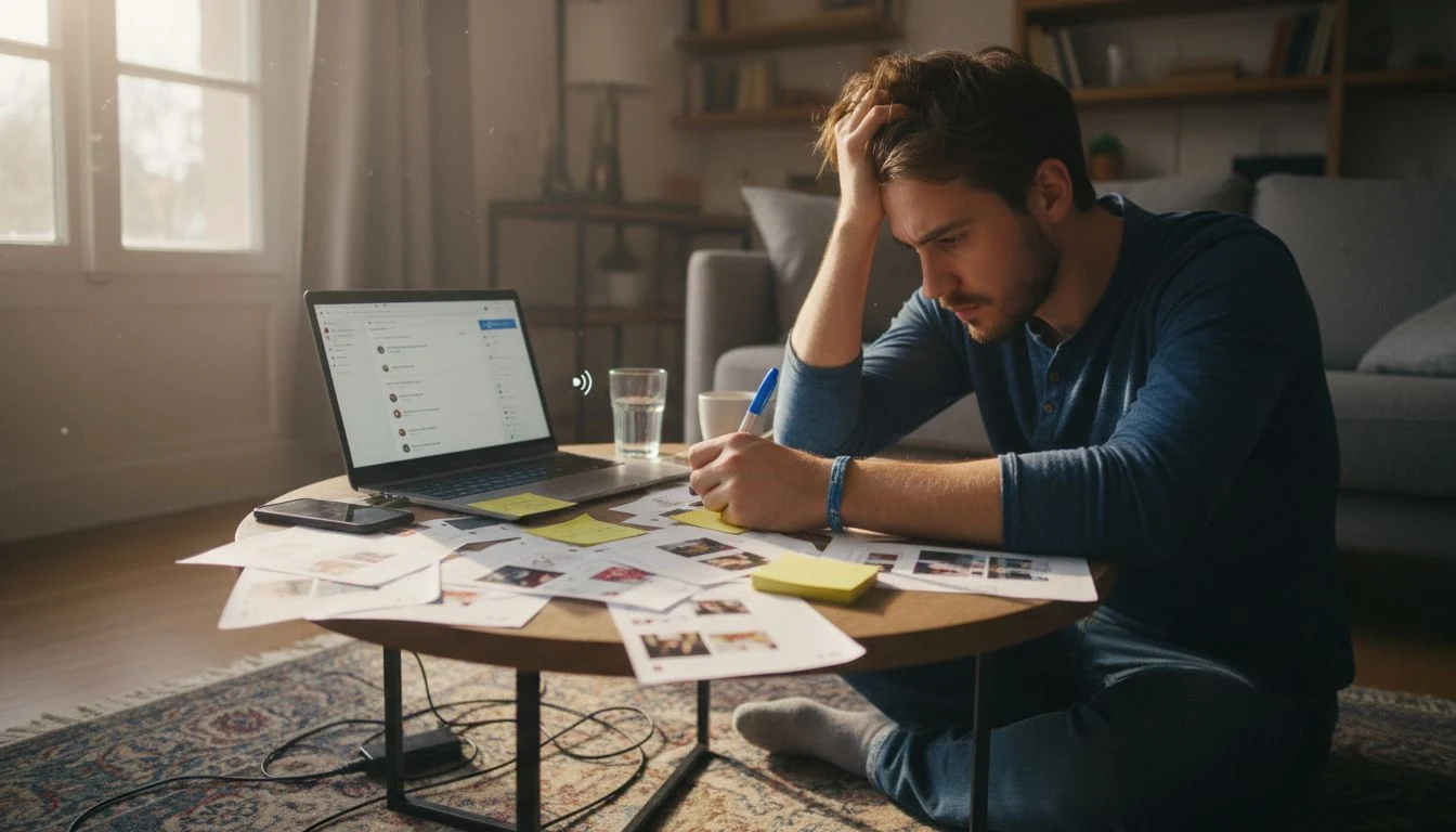 Man planning Instagram blog at coffee table
