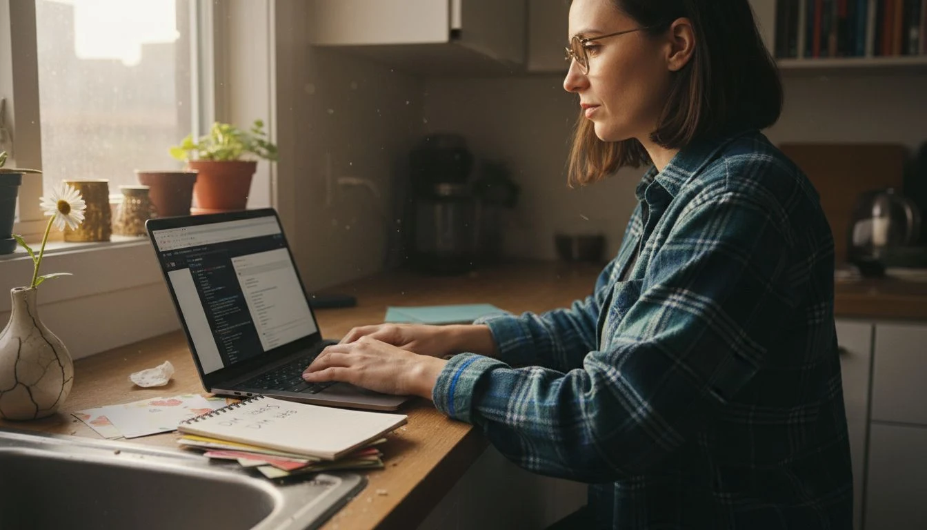 Woman using Instagram DM automation tool at kitchen counter