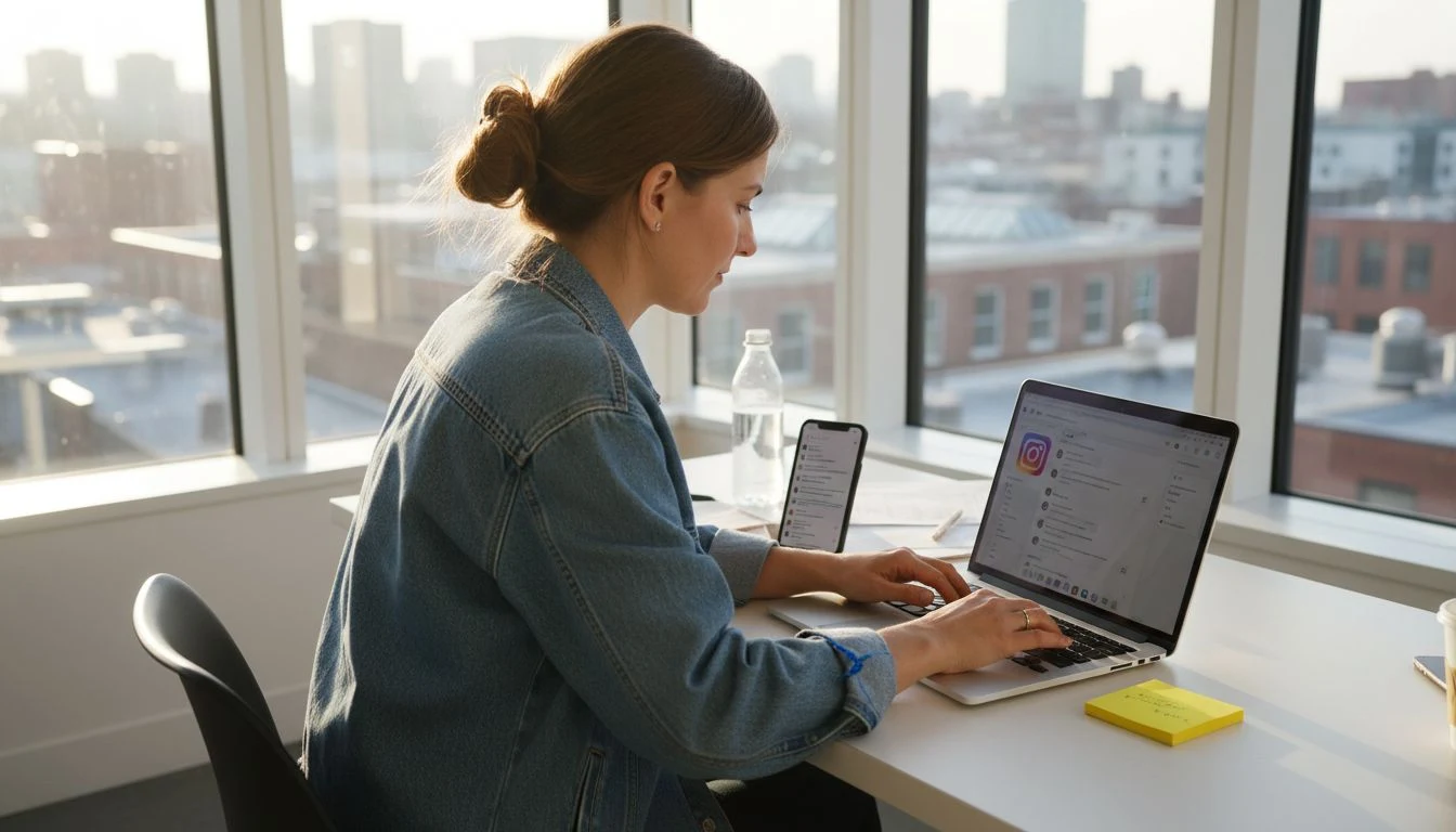Woman sets up Instagram DM automations at office desk