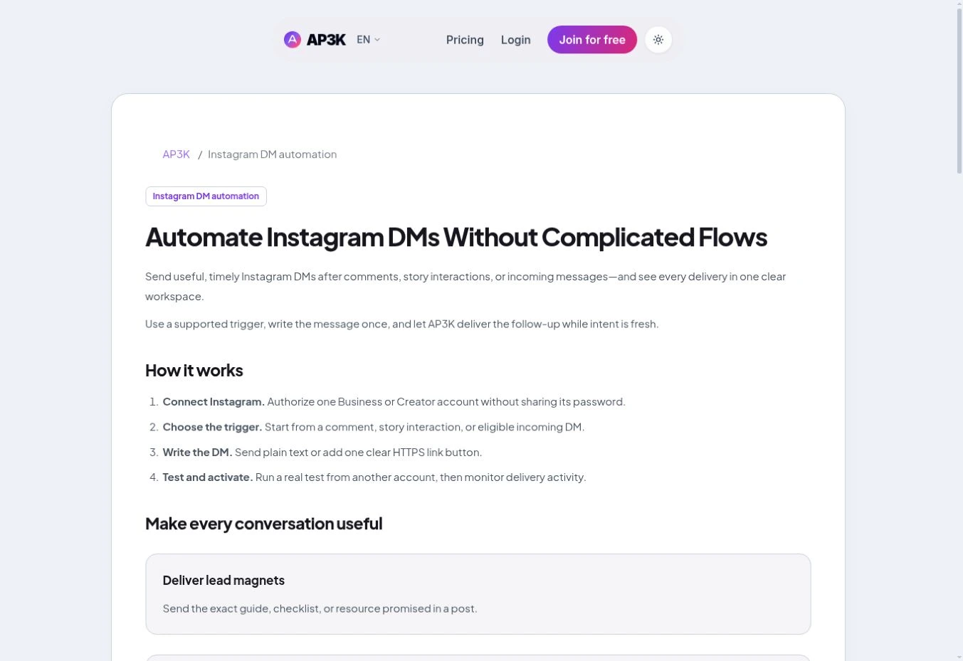 AP3K Instagram automation overview — actual product screenshot