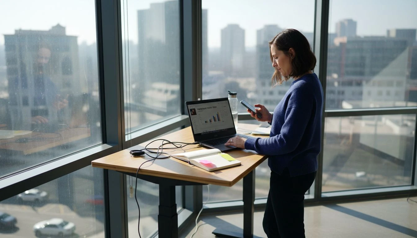 Woman tracking social media automation at desk