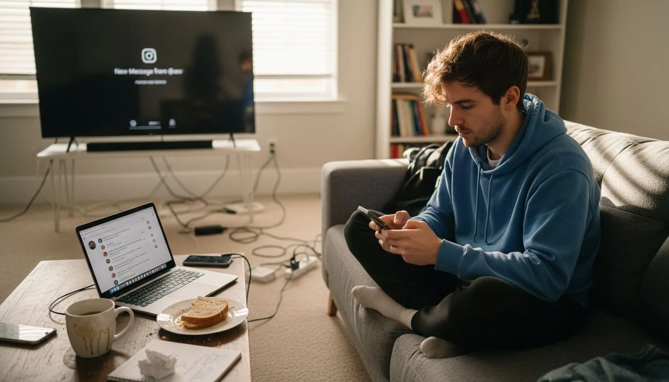 Content creator on sofa replying to Instagram messages
