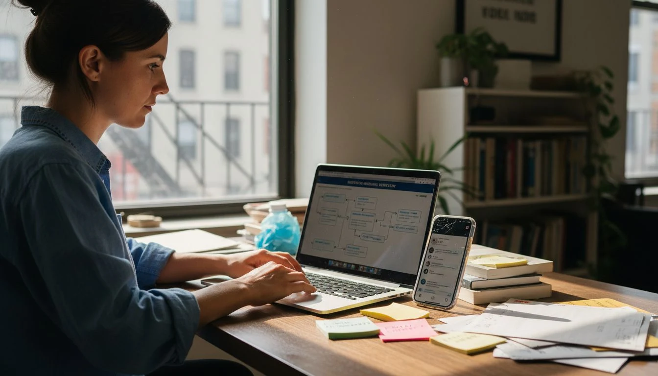 Woman manages Instagram automation at desk