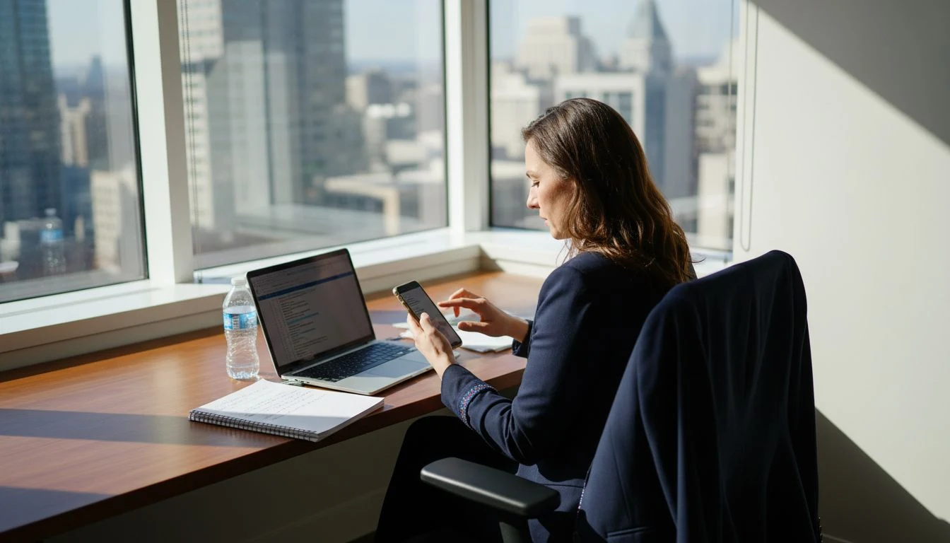 Woman reviewing DM automation setup in office
