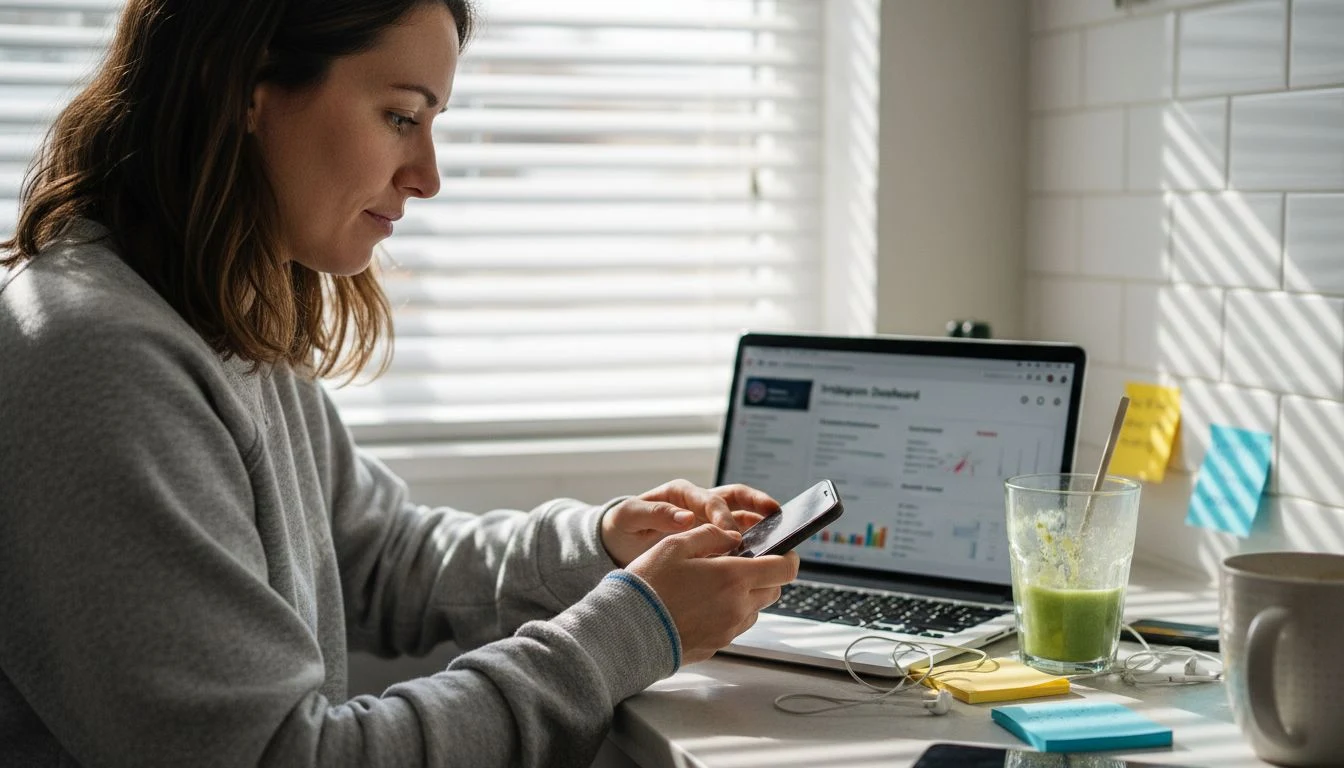 Instagram creator multitasking with laptop and phone