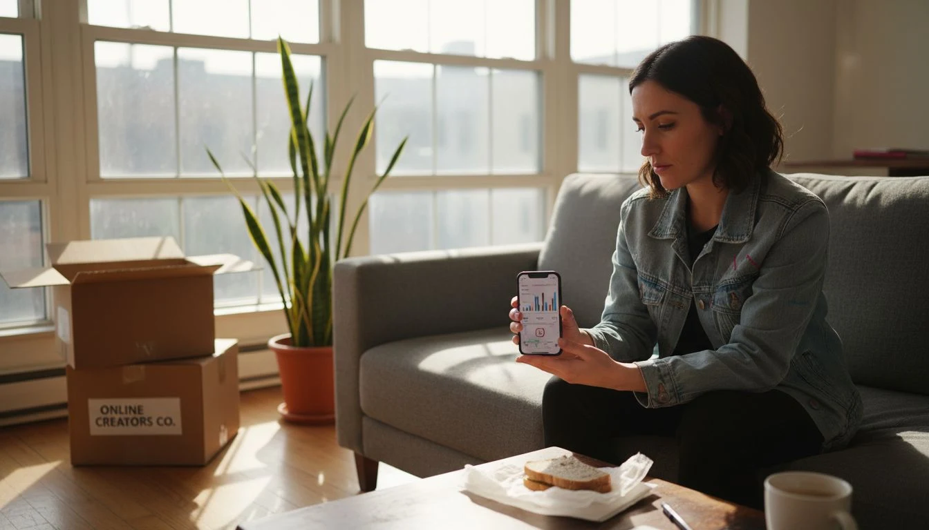 Instagram influencer checking analytics in apartment