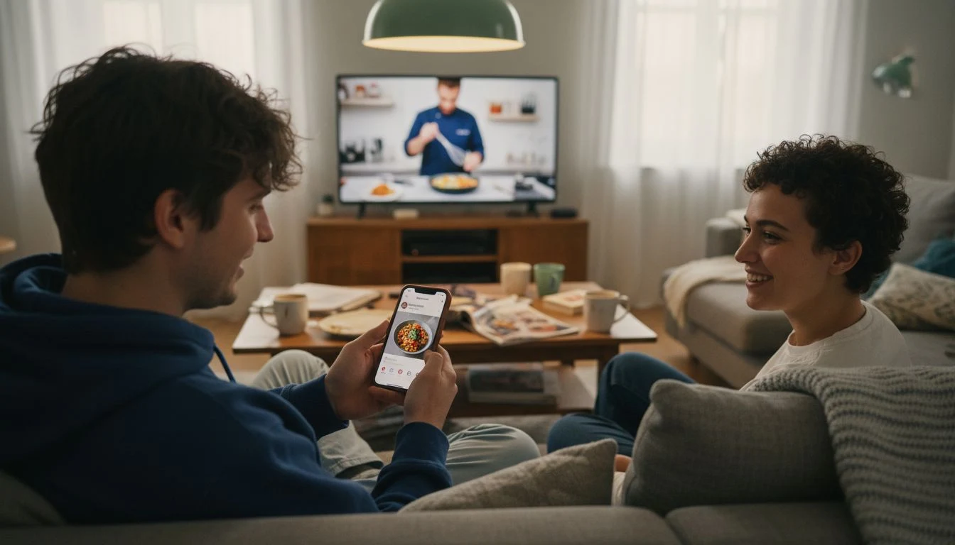 Friends sharing Instagram story at home